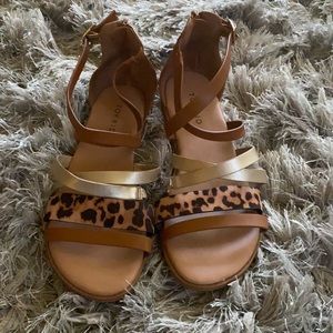Brown, Gold, and leopard print zip up gladiator sandals from torrid size 7 1/2.
